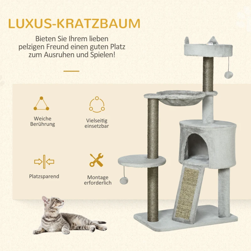 PawHut kattenboom inclusief kattengrot, kattenbed, kattenhangmat en speelgoed 60 cm x 40 cm x 113 cm, lichtgrijs