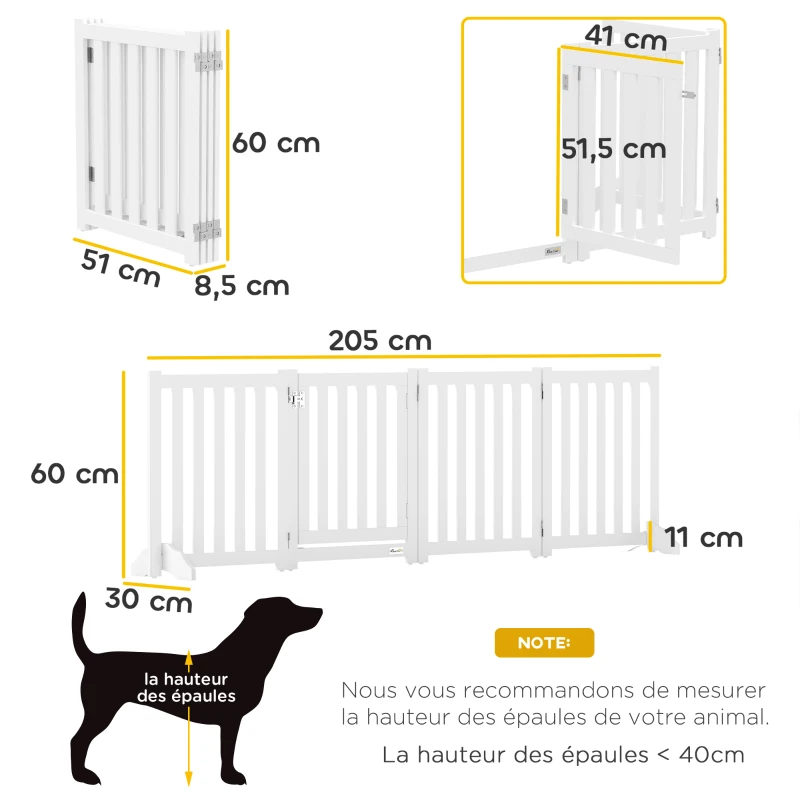 PawHut Barriera per Cani Pieghevole a 4 Pannelli con Porta in Legno, 205x60 cm, Bianco