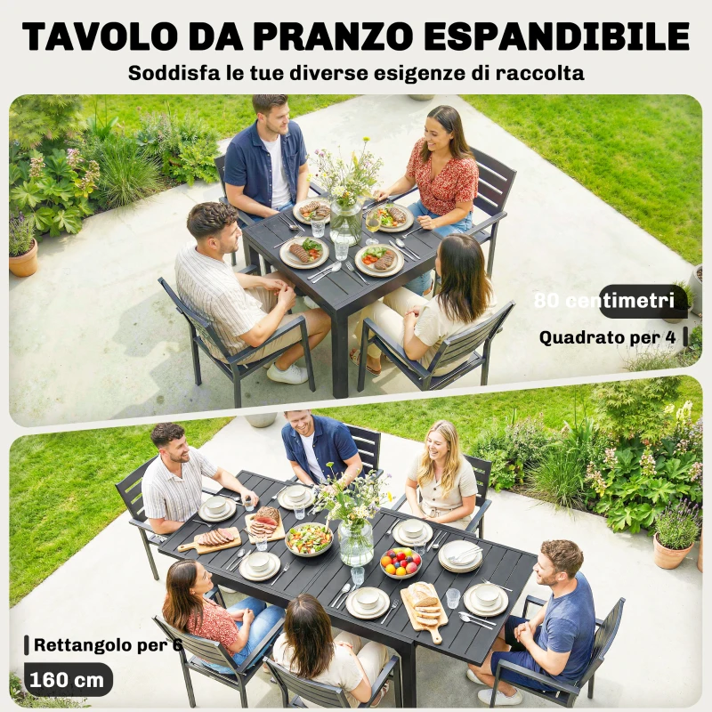 Outsunny Tavolo Allungabile a Doghe da Giardino per 4-6 Persone, in Alluminio e Acciaio, 80/160x80 cm, Nero