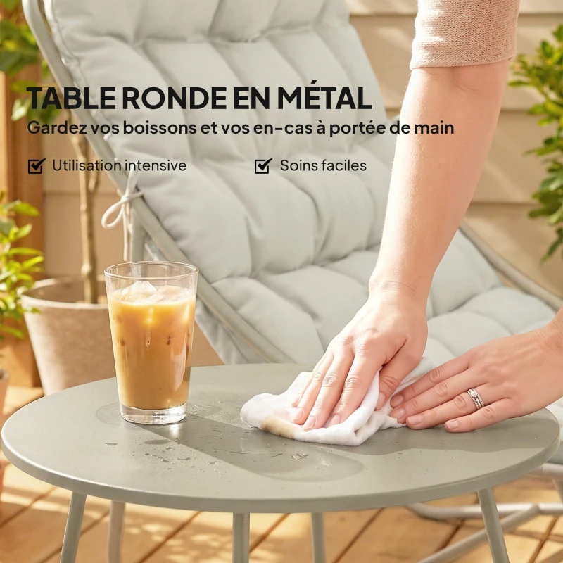 Outsunny Salon bistro 3 pièces pour 2 personnes, table ronde et chaises d'extérieur avec assise en textilène et coussins, gris clair