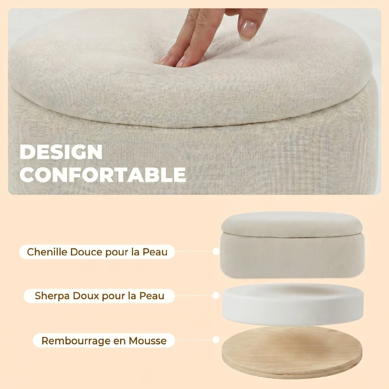 HOMCOM Pouf de Rangement en Chenille avec Couvercle, Tabouret Rond pour Salon et Chambre, Beige