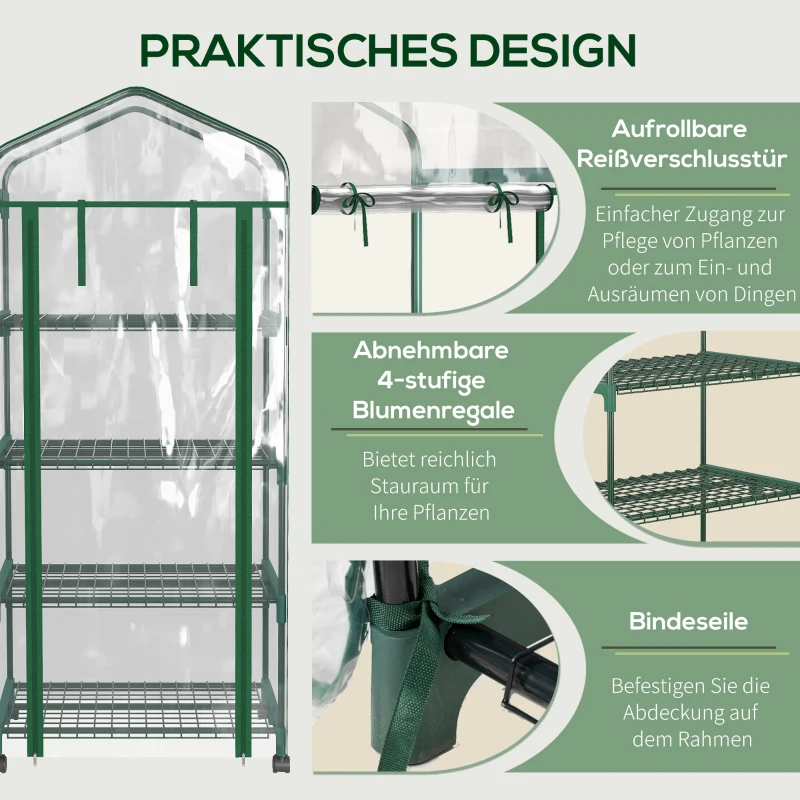Outsunny Foliekas, broeikas, mini-kas, plantenhuis, kweekbed, 4 schappen, 69 x 50 x 165 cm, Transparant(m-6)