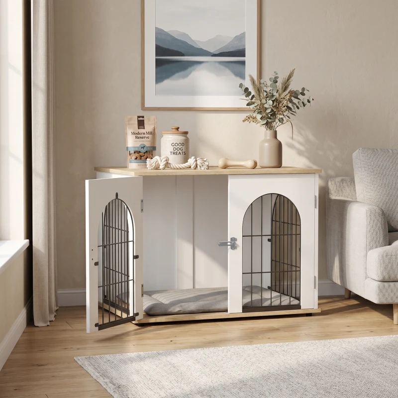 PawHut Gaiola para Cão Móvel-Gaiola para Cão de Interior Arqueada com Porta Dupla como Mesa de Apoio em Metal 80x56x59cm Branco