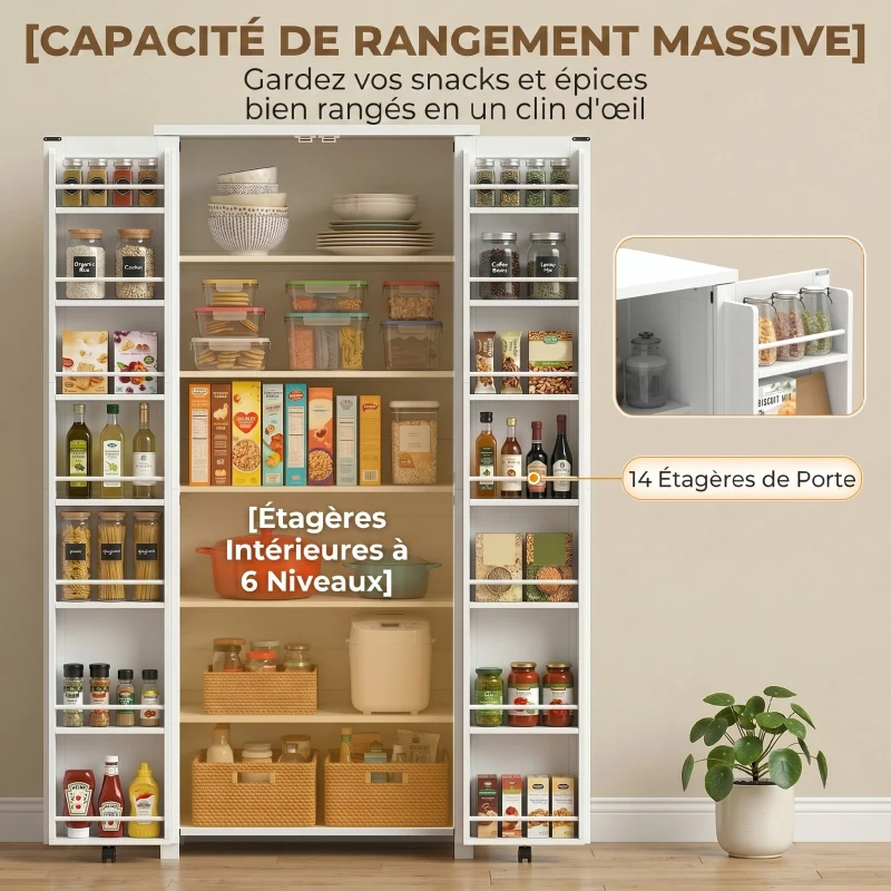 HOMCOM Buffet haut cuisine, armoire cuisine, 2 portes avec roulette, 6 compartiments, 14 porte-racks, étagères réglables, blanc