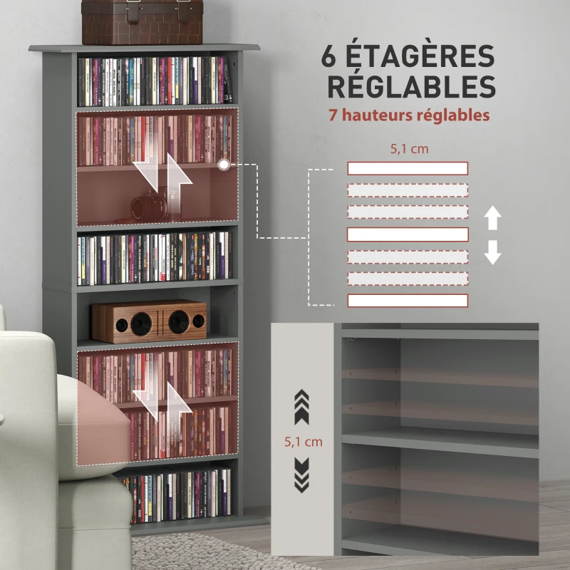 HOMCOM Rangements pour CD et DVD avec 8 compartiments et 6 étagères réglables, capacité max. 360 CD/185 DVD et Blu-ray, gris