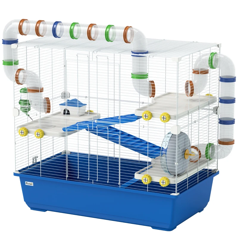 PawHut Hamsterkäfig mit 4 Ebenen, Kleintierkäfig mit Tunnelsystem, Hütte, Laufrad, für Zwerghamster, 78 x 45 x 73 cm, Blau
