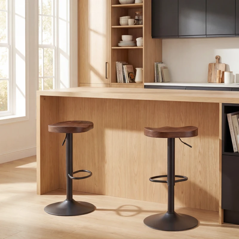 HOMCOM Tabourets de Bar Lot de 2 Réglables Pivotants Chaises de Cuisine avec Siège en Bois d'Orme Marron Foncé