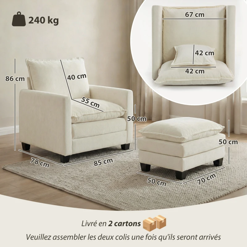 HOMCOM Fauteuil salon avec repose-pied, canapé 1 place en chenille, assise large, rembourrage double couche, 85x128x86cm, crème