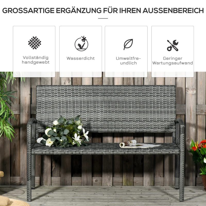 Outsunny tuinbank, rotanlook, met stalen frame, voor 2 personen, grijs, 122 x 60 x 87 cm