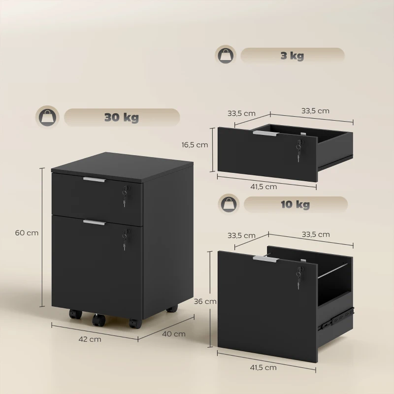 HOMCOM Schedario da Ufficio con 2 Cassetti, Serratura, Ruote a Freno, per Formato A4/Legale, 42x40x60 cm, Nero