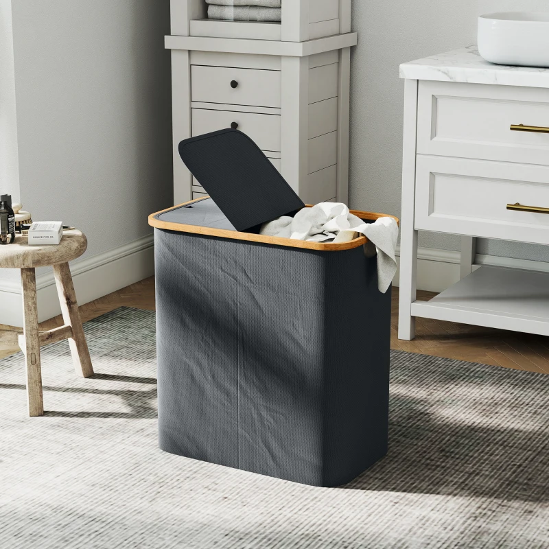 HOMCOM Panier à linge double pliable 80 L corbeille à linge sale avec couvercle, poignées rainurées, gris