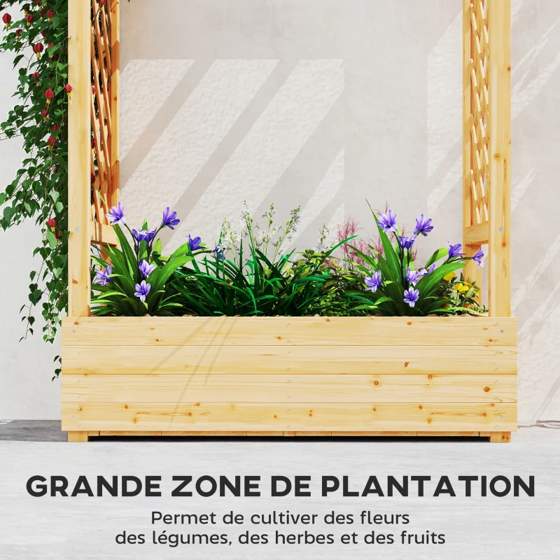 Outsunny Jardinière surélevée avec treillis latéral et supérieur, bac à fleurs trous de drainage, 110x44x113cm, bois naturel