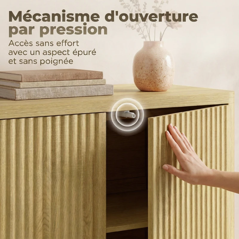 HOMCOM Buffet salon, meuble de rangement avec 4 portes rainurées, étagère réglable, ouverture par pression, 147x40x77cm, chêne