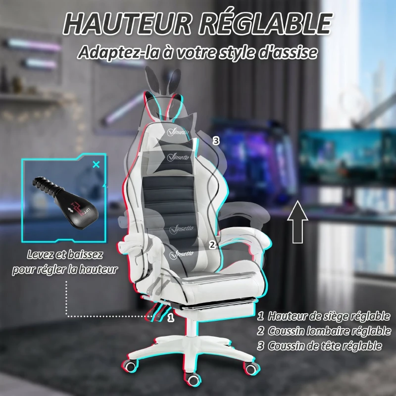 Vinsetto Chaise de gaming avec support lombaire, hauteur réglable, dossier inclinable, oreilles de lapin et appui-tête, noir