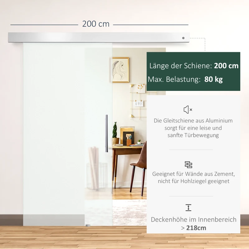 HOMCOM glazen schuifdeur schuifdeur deur kamerdeur glas handgreep gesatineerd 2050 x 1025 x 8 mm