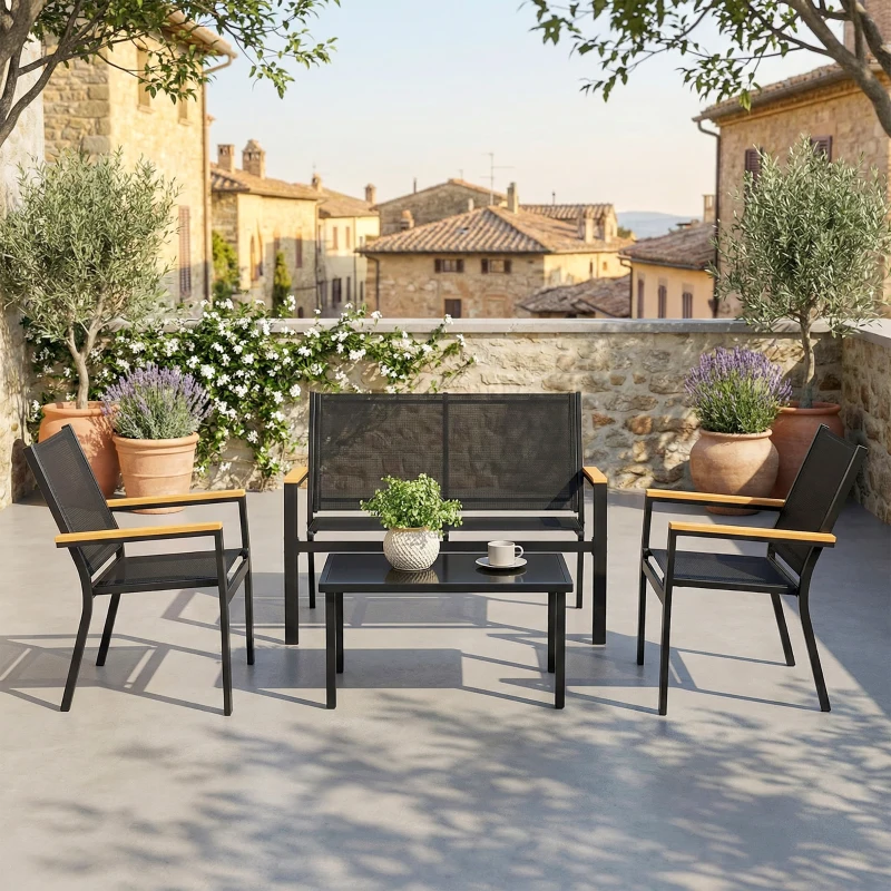 Outsunny Salon de jardin extérieur 4 pièces avec canapé 2 places, 2 chaises et table basse en verre trempé, noir