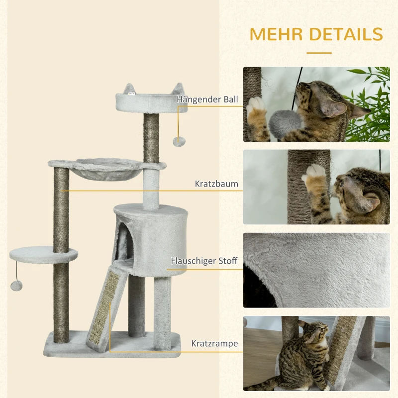 PawHut kattenboom inclusief kattengrot, kattenbed, kattenhangmat en speelgoed 60 cm x 40 cm x 113 cm, lichtgrijs