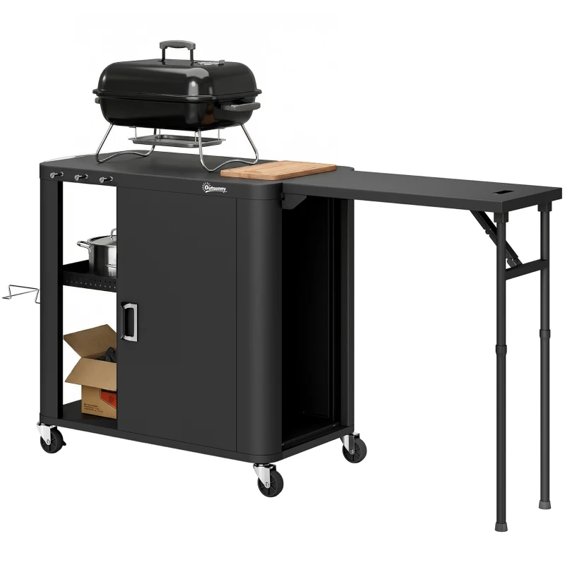Outsunny Desserte jardin chariot de barbecue sur roulettes avec table latérale pliable placard étagères 166 x 54 x 88 cm noir