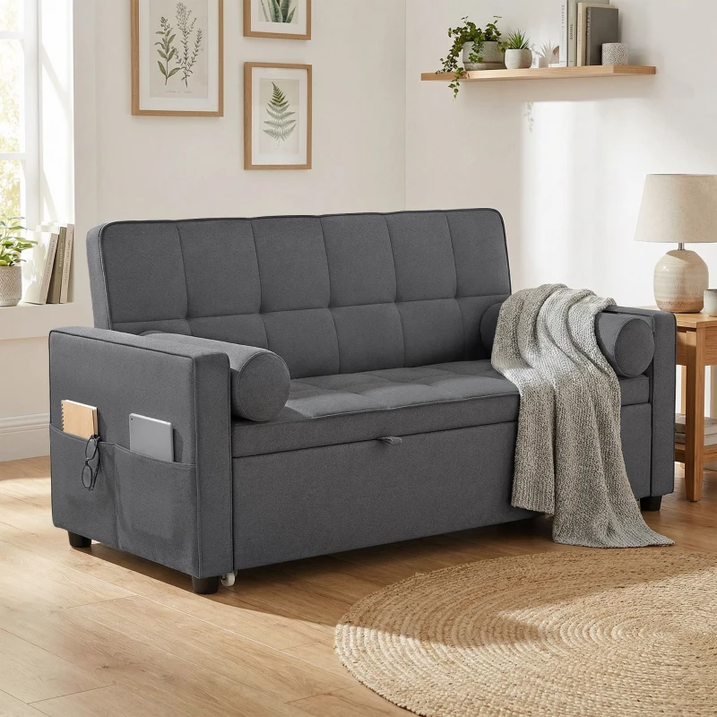 HOMCOM Canapé convertible 2 places 3 en 1 canapé-lit avec lit gigogne double dossier réglable 2 coussins 80,5x137,5x84cm gris