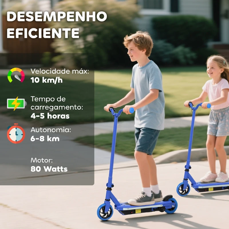 AIYAPLAY Trotinete Elétrica para Crianças Máx. 10 km/h Motor 80 W Autonomia Máxima 8 km Trotinete com Luzes LED Travão Traseiro 76x46x93 cm Azul