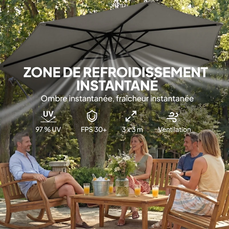 Outsunny Parasol Déporté de Jardin 3 m avec Base Croisée, Sac de Sable, Parasol Banane Rotatif 360°, Gris