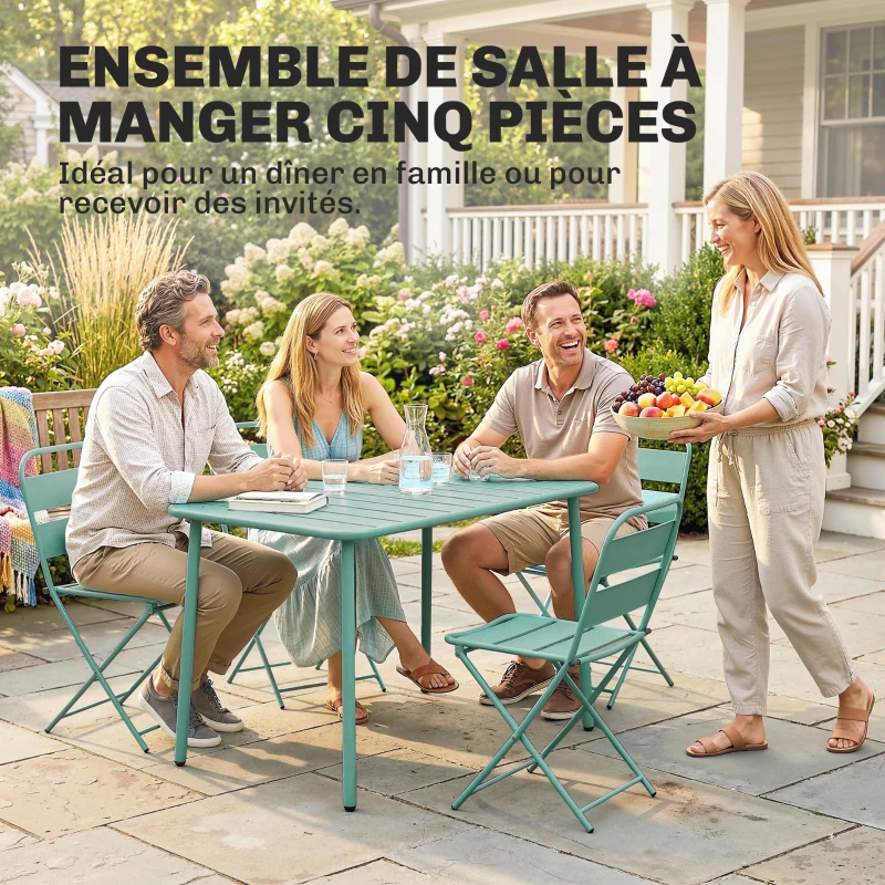 Outsunny Ensemble de Salle à Manger d'Extérieur 5 Pièces, Ensemble de Jardin pour 4 Personnes avec Plateau à Lattes et Chaises Pliantes, Vert Clair