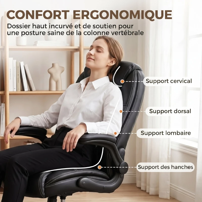 HOMCOM Chaise bureau ergonomique fauteuil de bureau accoudoirs relevables hauteur réglable fonction bascule noir