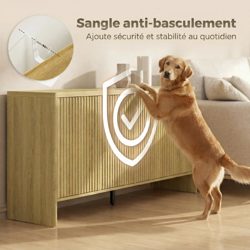 HOMCOM Buffet salon, meuble de rangement avec 4 portes rainurées, étagère réglable, ouverture par pression, 147x40x77cm, chêne