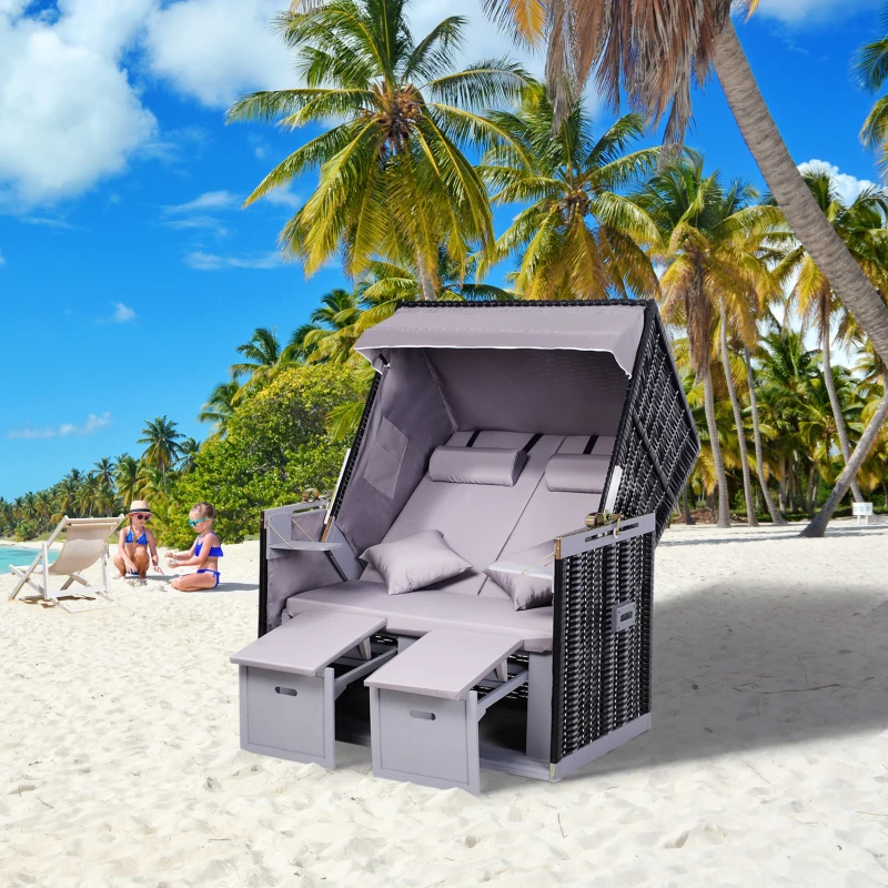 Outsunny Strandstoel dubbele ligstoel met beschermhoes voor bekerhouders PE rotan grijs