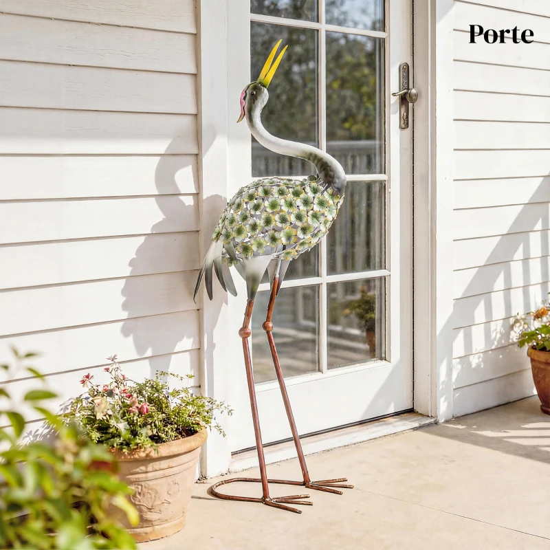 Outsunny Statues de Jardin, Sculpture de Héron en Métal, Statues d'oiseaux 71 cm, pour Cour, Étang, Terrasse, Vert