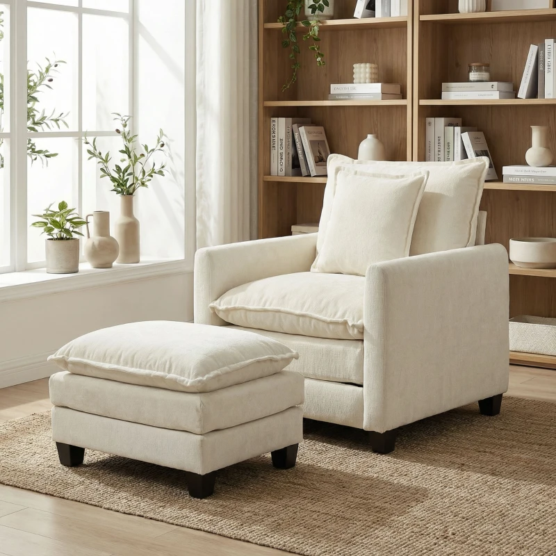HOMCOM Fauteuil salon avec repose-pied, canapé 1 place en chenille, assise large, rembourrage double couche, 85x128x86cm, crème