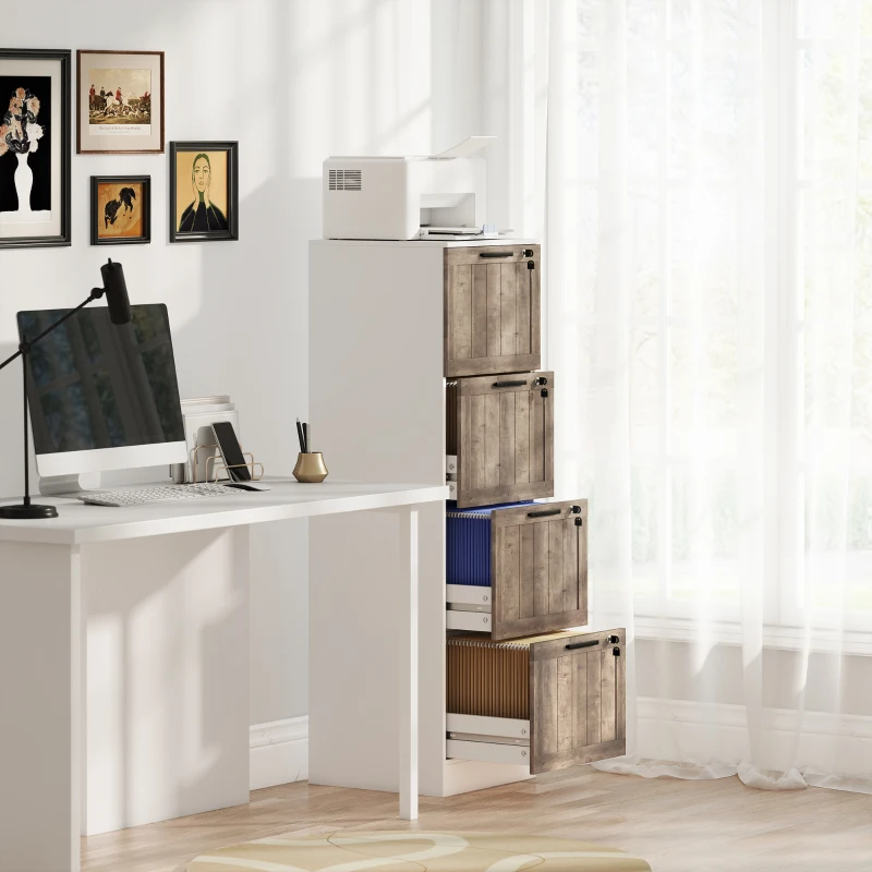 HOMCOM Cajonera de Escritorio con 4 Cajones Cerradura 2 Llaves Barras Colgantes para A4 Carta 39,4x40x129 cm Blanco y Madera