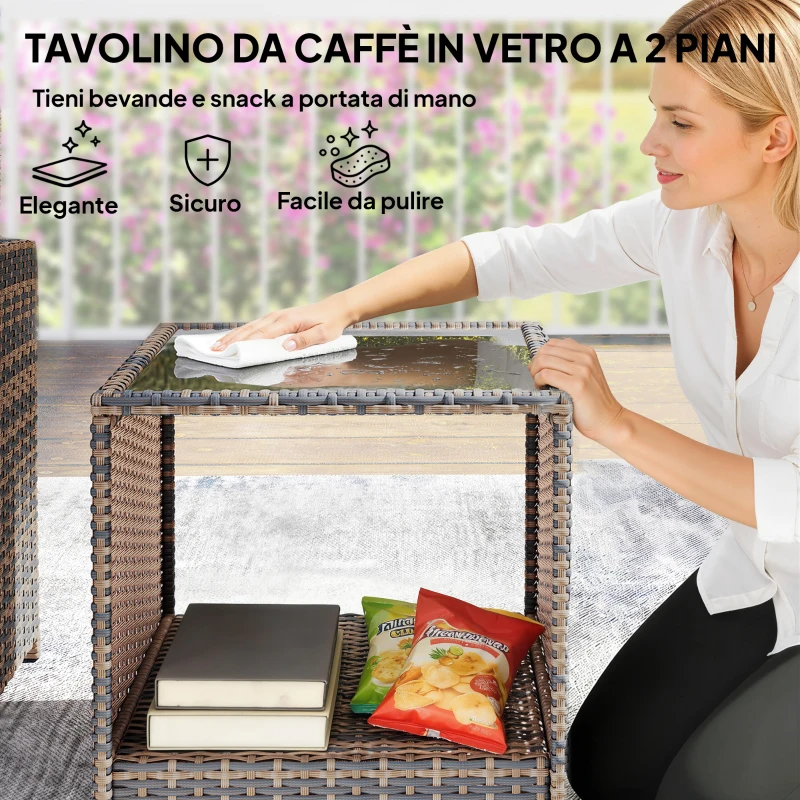 Outsunny Set da Esterno in Rattan e Acciaio 5pz con 2 Pouf, 2 Sedie e Tavolino da Caffè a 2 Livelli, Marrone e Crema