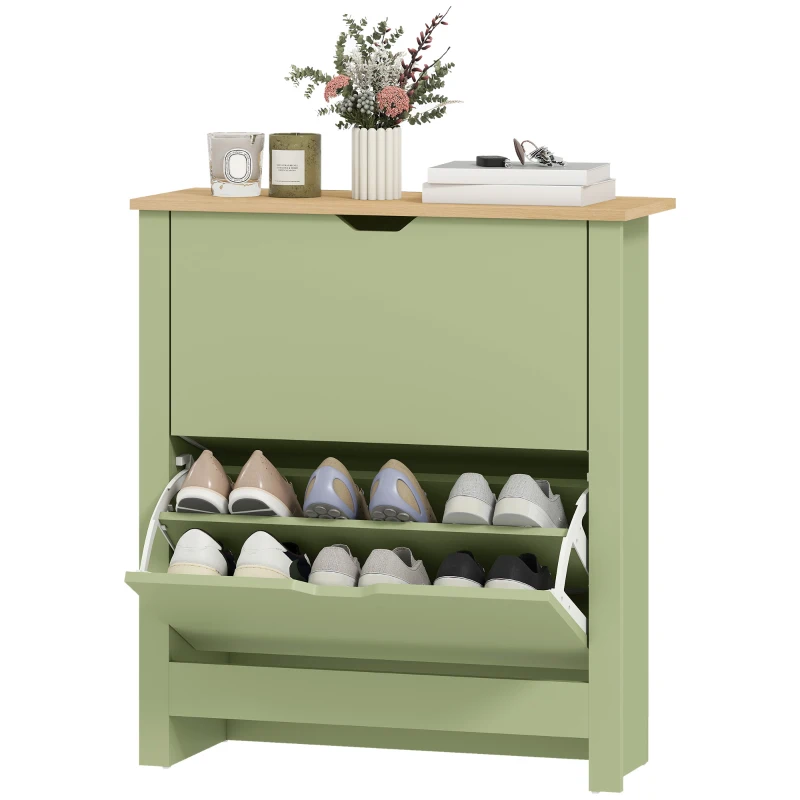 HOMCOM Meuble à chaussures 12 paires, armoire à chaussures étroite avec 2 tiroirs rabattables et étagères réglables, vert