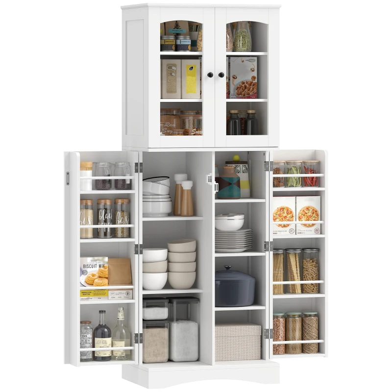 HOMCOM Buffet haut cuisine, vaisselier vitrine en acrylique, 4 portes, 10 compartiments, 8 porte-racks, 60 x 40 x 162 cm, blanc