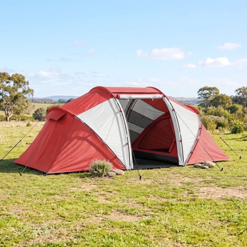 Outsunny Tente de camping familiale 4 personnes tente dôme étanche légère, ventilée 2 cabines fenêtre grande porte gris rouge