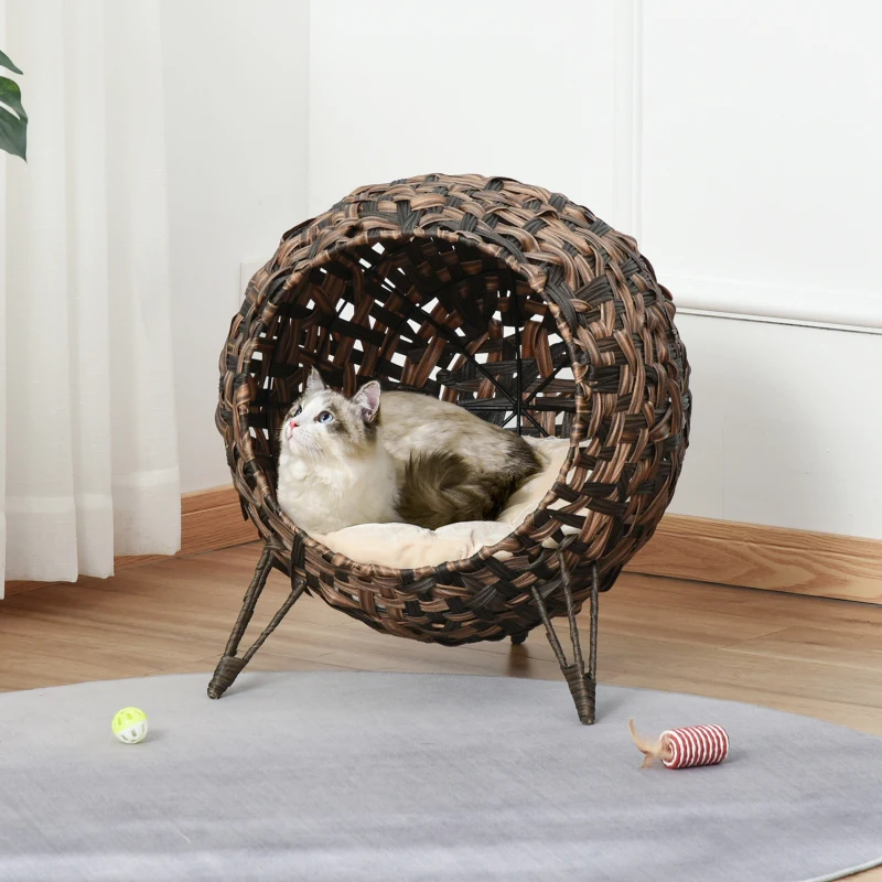 PawHut kattenhuis met kussen kattenslaapplaats kattengrot verhoogde poten PE-rotan