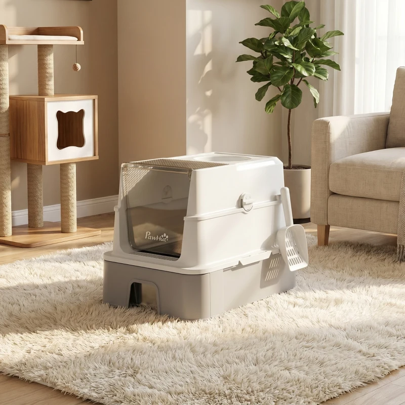 PawHut Katzentoilette mit abnehmbarem Deckel, Schublade, Schaufel, 2 Filterbeuteln und Pedal, 60x40x45cm, Grau