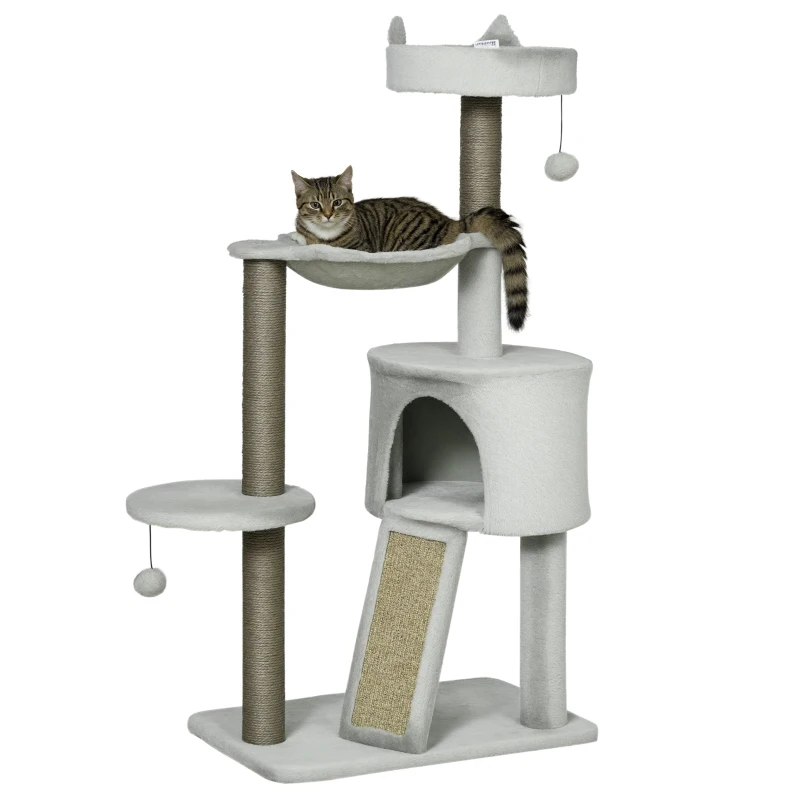 PawHut kattenboom inclusief kattengrot, kattenbed, kattenhangmat en speelgoed 60 cm x 40 cm x 113 cm, lichtgrijs