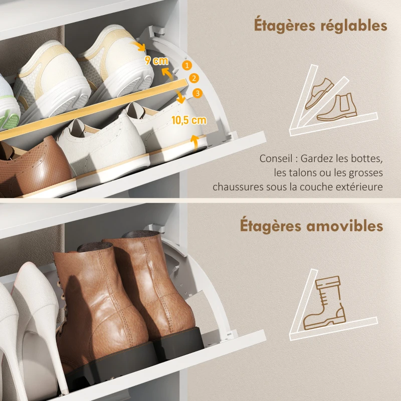 HOMCOM Meuble à chaussures 8 paires, armoire à chaussures, 2 tiroirs rabattables, étagères réglables et compartiment, blanc