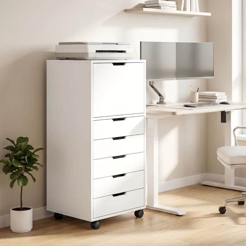 HOMCOM Comodă de birou cu 5 sertare, roți și dulap cu închidere silențioasă, suport pentru imprimantă, Alb