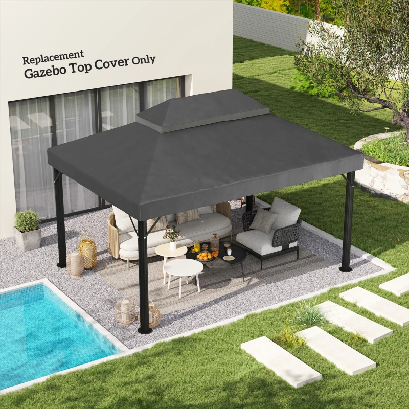 Outsunny Toile de rechange pour pavillon toile de tonnelle 4 x 3 m, double toit avec trous de drainage, polyester 370 g/m², gris