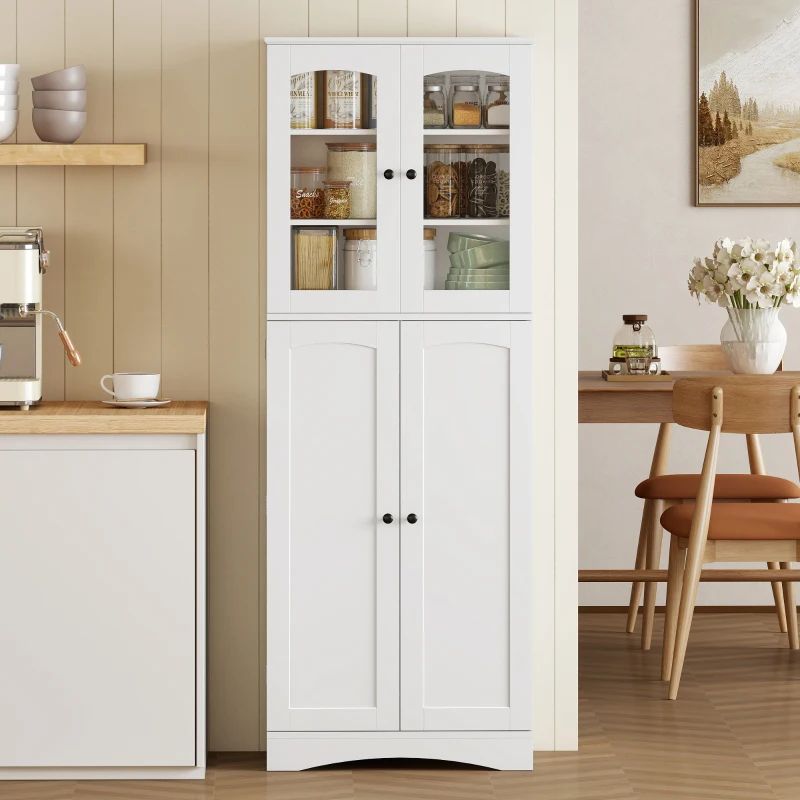 HOMCOM Buffet haut cuisine, vaisselier vitrine en acrylique, 4 portes, 10 compartiments, 8 porte-racks, 60 x 40 x 162 cm, blanc