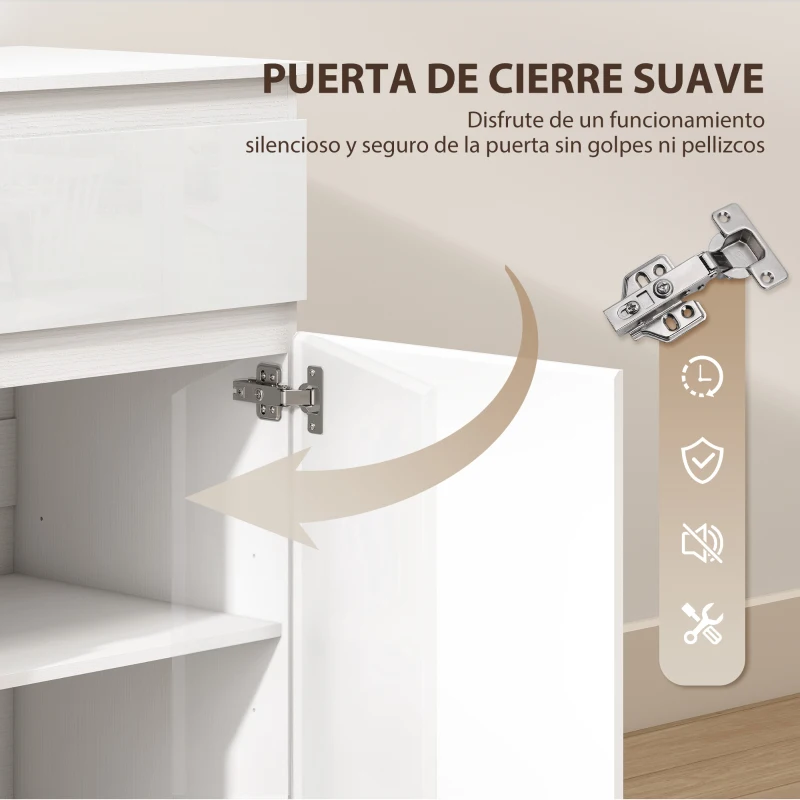 HOMCOM Aparador de Salón con 5 Cajones Estantes Ajustables Puerta de Cierre Suave 100x40x80 cm Blanco Brillo
