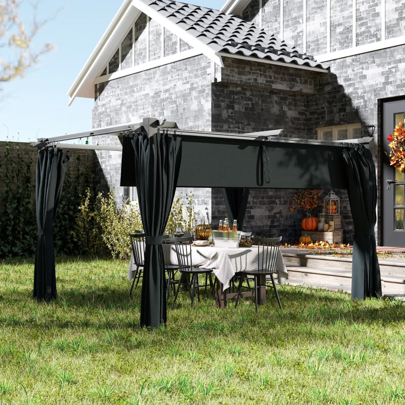 Outsunny Pérgola con Techo Retráctil 4x3 m Cenador con Paredes Laterales Anti-UV Resistente al Agua para Jardín Patio Gris Oscuro