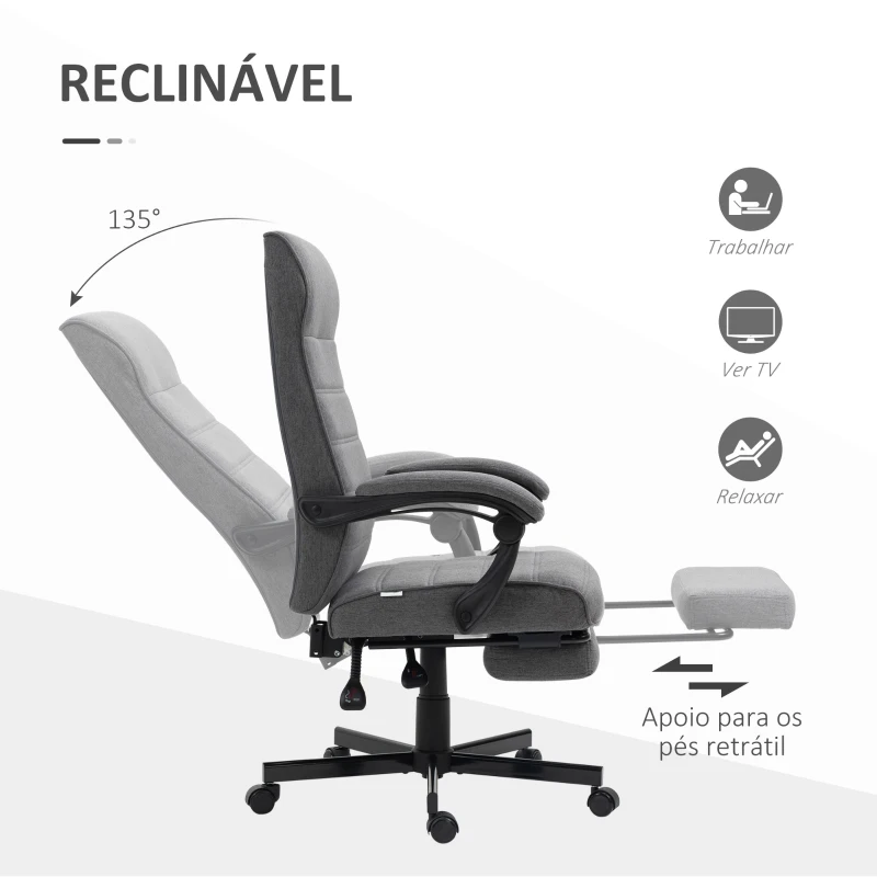 Vinsetto Cadeira de Escritório Giratória Reclinável com Altura Ajustável e Apoio para os Pés Retrátil 68x67x106-114 cm Cinza