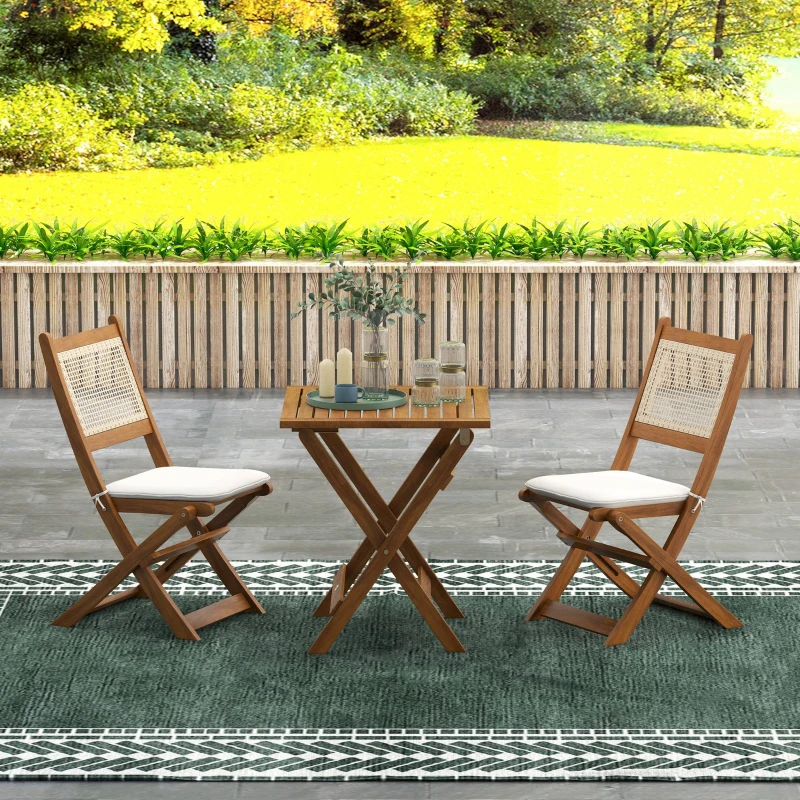 Outsunny Salon de jardin bistrot, ensemble bistrot de jardin pliantes 2 fauteuils avec coussins 1 table basse en résine tressée