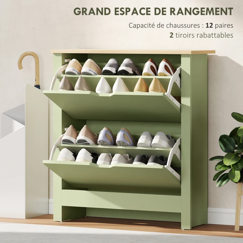 HOMCOM Meuble à chaussures 12 paires, armoire à chaussures étroite avec 2 tiroirs rabattables et étagères réglables, vert