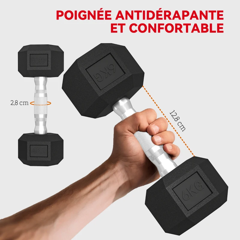 SPORTNOW Ensemble d'Haltères Hexagonaux avec Support, Haltères Revêtus de Caoutchouc, Poignées Antidérapantes en Chrome, Noir