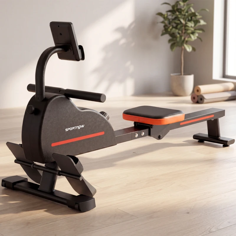 SPORTNOW Rameur Magnétique Appareil de Musculation Bluetooth Connecté Kinomap & Zwift 16 Niveaux de Résistance 135x42x72cm Rouge